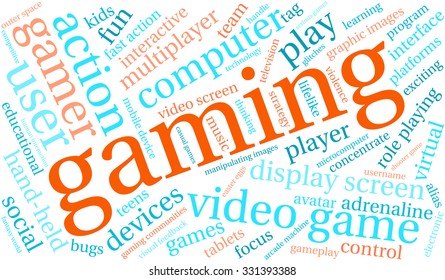 Gaming word cloud on a white background. 