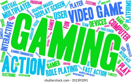 Gaming word cloud on a white background. 