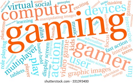 Gaming word cloud on a white background. 