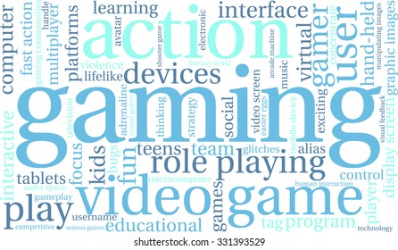 Gaming word cloud on a white background. 