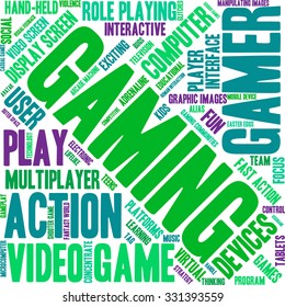 Gaming word cloud on a white background. 