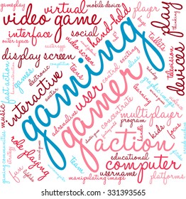 Gaming word cloud on a white background. 