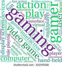 Gaming word cloud on a white background. 