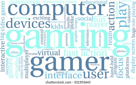 Gaming word cloud on a white background. 
