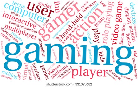 Gaming word cloud on a white background. 