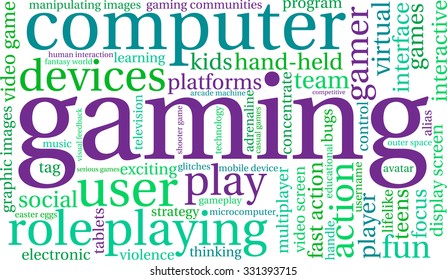 Gaming word cloud on a white background. 