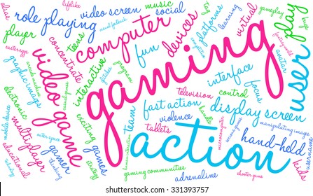 Gaming word cloud on a white background. 