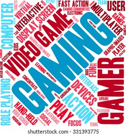 Gaming word cloud on a white background. 
