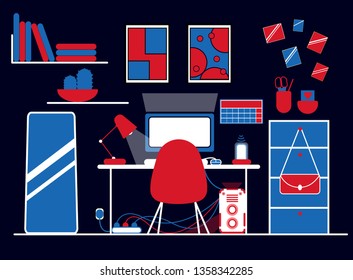 Gaming workspace with red lighting inside pc tower. Contrast illustration of a night time bedroom. Comfortable pc workplace for a girl. Gaming station. Isolated illustration - Vector.