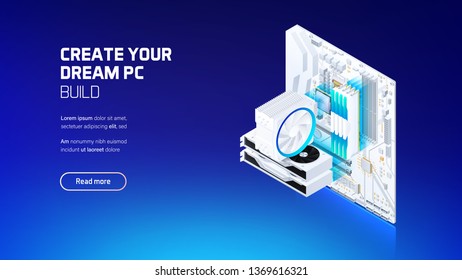 Gaming and workstation computer components set isometric illustration, custom assembly computer components for workstation, pc store and service