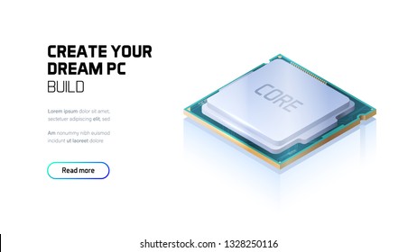 Gaming and workstation computer CPU isometric illustration, custom PC components, computer store and service, hi-tech website