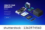 Gaming, workstation and mining computer components set isometric illustration, custom assembly computer components for workstation, pc store and service