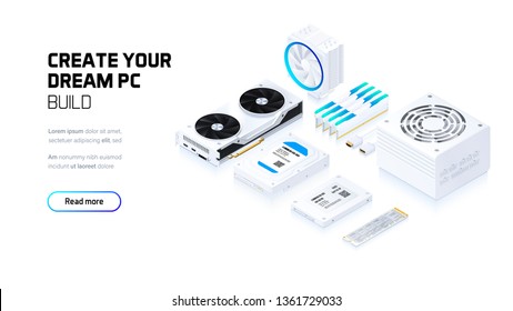 Gaming, workstation and mining computer components set isometric illustration, custom assembly computer components for workstation, pc store and service