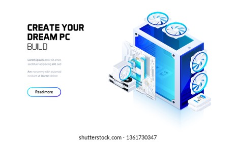 Gaming, workstation and mining computer components isometric illustration, custom assembly computer components for workstation, pc store and service	