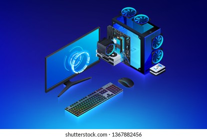 Gaming, workstation and mining computer components set isometric illustration, custom assembly computer components for workstation, pc store and service