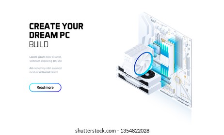 Gaming, workstation and mining computer isometric illustration, custom assembly computer components for workstation, pc store and service