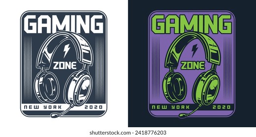 Gaming zone vintage style flyer with headphones and microphone for gamer participating in esports tournament vector illustration