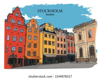 GAMLA STAN, STOCKHOLM, SWEDEN: Panoramic view of colourful houses in Stan. Hand drawn sketch