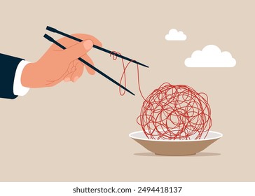 Gamma arm fingers hold chopsticks with chaos messy line charts. Mental health treatment or psychology support, help relief anxiety or depression. Flat vector illustration