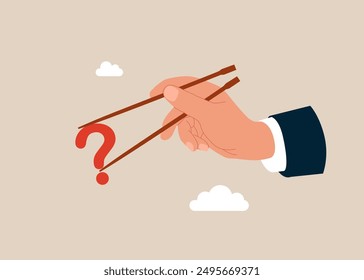 Gamma arm fingers hold chopsticks with question mark. Curiosity explore unknown, search for solution or new business opportunity, seek for success concept.