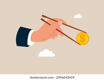 Gamma arm fingers hold chopsticks with dollar coin, vector businessman character illustration.