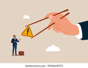 Gamma arm fingers hold chopsticks with exclamation attention sign. Root cause analysis or solving problem. Flat vector illustration
