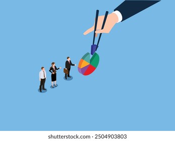 Gamma arm fingers hold chopsticks with center of expense and spending pie chart 3d isometric vector illustration