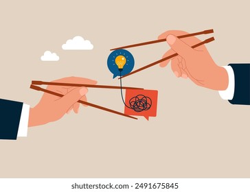 Gamma arms fingers hold chopsticks with messy thinking with other giving lightbulb solution. Creativity to solve difficult issue, resolution or coaching to help trouble. Flat vector illustration