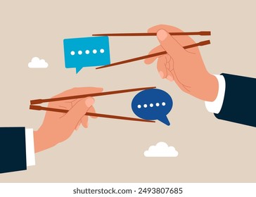Gamma arms fingers hold chopsticks with dialogue. Flat modern vector illustration.