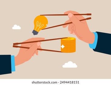 Gamma arms fingers hold chopsticks with light bulb idea lamp and money coins stack. Idea pitching, fundraising and venture capital, selling business or merger agreement concept.