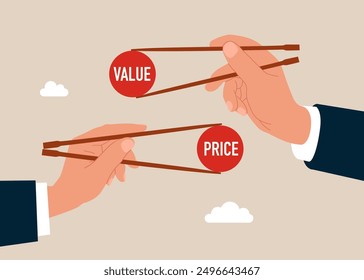 Gamma arms fingers hold chopsticks with value and price text. Modern vector illustration in flat style