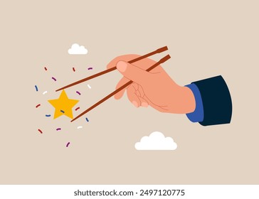 Gamma arms fingers hold chopsticks with star. Winning confidence, on big hand getting star reward. Employee success recognition, encourage and motivate best performance.