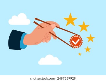 Gamma arms fingers hold chopsticks with quality Control to check quality and giving certified. Modern vector illustration in flat style