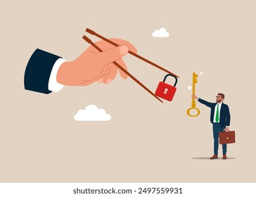 Gamma arms fingers hold chopsticks with lock. Unlock business accessibility. Solve business problem, professional to give solutions. Vector illustration