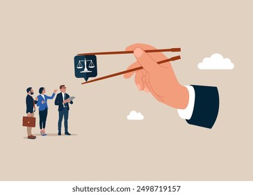 Gamma arms fingers hold chopsticks with legal help icon. Flat vector illustration