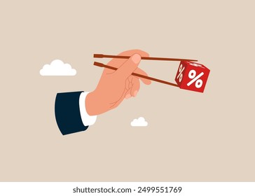 Gamma arms fingers hold chopsticks with cube block with percentage symbol icon. Interest, financial and mortgage rates. Flat vector illustration.