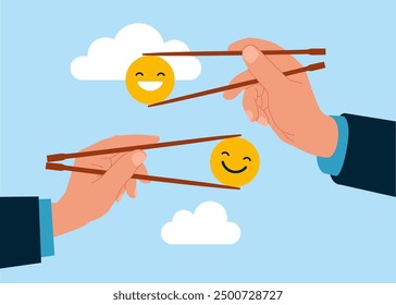 Gamma arms fingers hold chopsticks with funny and positive emoticons. Positive thinking business people. Modern vector illustration in flat style