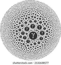 Gamma covid virus items are arranged into round collection. Gamma covid virus icon round mosaic. Abstraction round globula mosaic done from Gamma covid virus items.