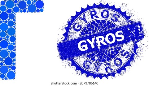 Gamma Greek symbol vector composition of round dots in various sizes and blue color tinges, and grunge Gyros badge. Blue round sharp rosette seal has Gyros caption inside it.