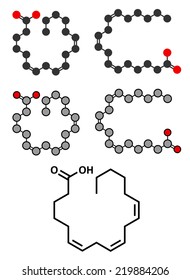 Gamma-linolenic acid (GLA, gamolenic acid) molecule. Omega-6 polyunsaturated fatty acid. Conventional skeletal formula and stylized representations.