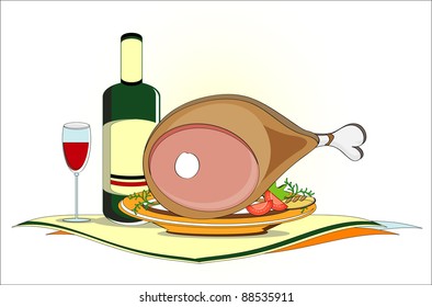 gammon on dish with bottle of wine and vegetables