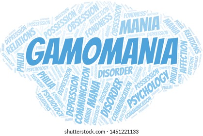 Gamomania word cloud. Type of mania, made with text only.