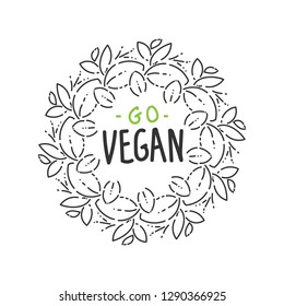 gan hand sketched logotype, leaf label template for vegan food package design. wreath, doodle, round frame. Isolated leaves icon. bio nutrition, healthy diet, vegan restaurant menu. brush letteering.