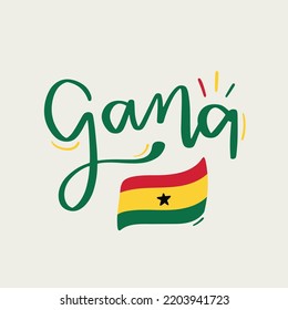 Gana. Ghana in brazilian portuguese hand lettering. modern vector with flag. 