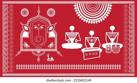 Ganapati aarti und bhajan in warli Malerei. Warli Kunst zeigt indische Musikinstrumente wie Tabla, Harmonium. Illustration, Vektorgrafik, Tapete