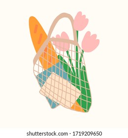 Gand drawn vector illustration. Eco shopping net bags with flowers,books and bread.Zero waste, plastic free concept.Flat design.