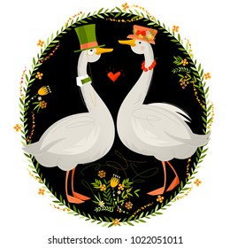 Gander wearing a top hat and a goose in a hat with flowers. Geese in hats. Vector illustration

