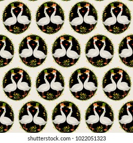 Gander wearing a top hat and a goose in a hat with flowers. Geese in hats. Seamless background pattern. Vector illustration