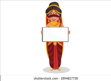 Gandhari is holding a whiteboard in hands. Vector graphic illustration. Individually on white background.