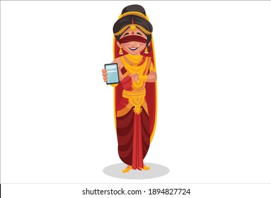 Gandhari is showing a mobile phone. Vector graphic illustration. Individually on white background.